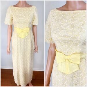 Vintage 60s Yellow‎ Eyelet Maxi Dress // Size XS